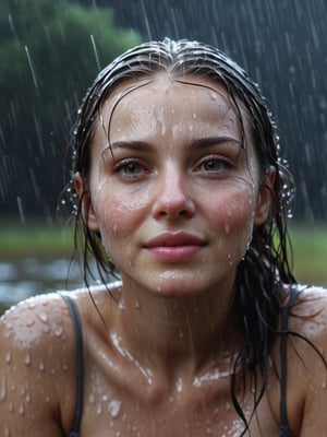 masterpiece, best quality, female, closeup, raining, soaked, professional photography, front view, facing viewer, looking at viewer, smirk, 8k, ultra realistic, night, upper body, photo r3al, shooting star, closed mouth, sensual,photo r3al