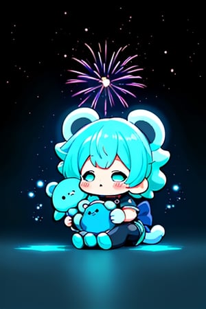 In the bright and shiny aqua blue bioluminescent style by Christopher Exben at NightCafe, two adorable and whimsical baby chibi fluffy bears watching bioluminescent fireworks from the starry sky, soft lighting, sharp focus, by Marc Simonetti and Yoji Shinkawa and WLOP, drops of paint. rough edges, artstation trends, studio photography, intricate details, highly detailed