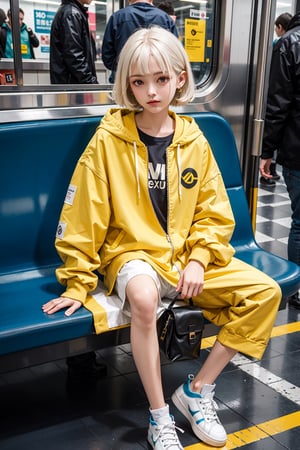 yellow_jacket, 1girl,  oversized_clothes , white_hair , sneakers , sitting inside a subway