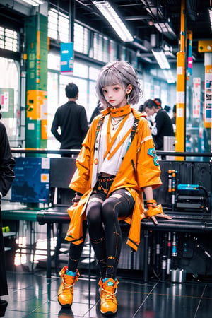 yellow_jacket, 1girl,  oversized_clothes , white_hair , sneakers , sitting inside a subway