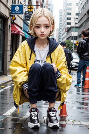 yellow_jacket, 5girl,  oversized_clothes , white_hair , sneakers , no brand girls, sfw_nudity,