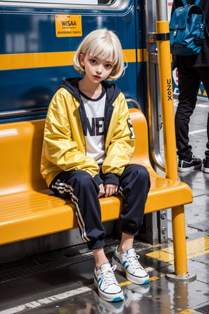 yellow_jacket, 1girl,  oversized_clothes , white_hair , sneakers , sitting inside a subway