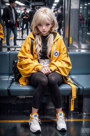 yellow_jacket, 1girl,  oversized_clothes , white_hair , sneakers , sitting inside a subway