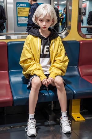 yellow_jacket, 1girl,  oversized_clothes , white_hair , sneakers , sitting inside a subway