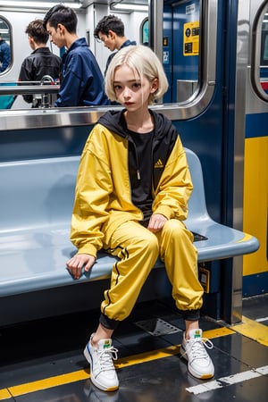 yellow_jacket, 1girl,  oversized_clothes , white_hair , sneakers , sitting inside a subway