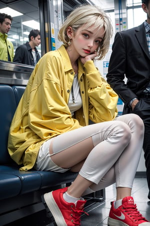 yellow_jacket, 1girl,  oversized_clothes , white_hair , sneakers , sitting inside a subway