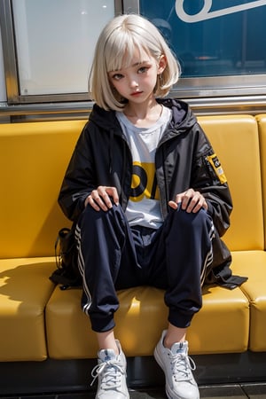 yellow_jacket, 1girl,  oversized_clothes , white_hair , sneakers , sitting inside a subway