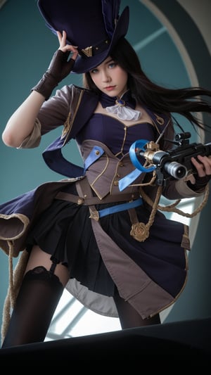 1girl, young beautiful Korean woman, cosplaying as Caitlyn from League of Legends, high-quality photograph, showcasing a confident and poised figure with a dynamic stance, wearing a stylish sheriff's outfit with a long coat and a wide-brimmed hat that reflects her sharpshooter persona, (charming and captivating presence:1.3), set against a backdrop of a whimsical Piltover scene, capturing the essence of a skilled marksman, long dark hair styled elegantly, holding a prop sniper rifle with precision, (photorealistic:1.3), professional photography, sharp focus, detailed textures of the costume, RAW photo