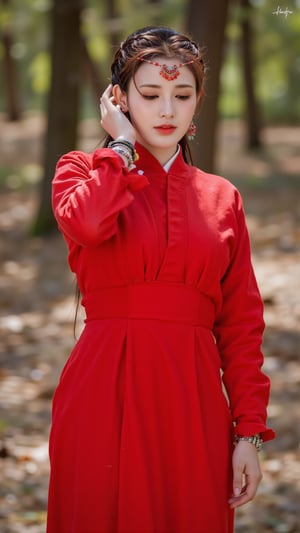 The image is a portrait of a young woman dressed in traditional Chinese clothing. She is wearing a red dress with a high neckline and long sleeves, and her hair is styled in a half-up, half-down look. The woman is also wearing a headpiece made of red beads and other decorative items. She has long dark hair that is pulled back in a bun, and she is wearing multiple bracelets and earrings. The background is, but it appears to be a wooded area with trees and fallen leaves. The overall mood of the image is peaceful and serene.