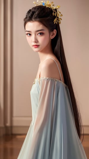 (young girl, teen girl, female teen, cute, teen, look at viewer), best quality, masterpiece, indoors, (realistic:1.5), (high detailed skin:1.1), catwalk, runway, hair ornament