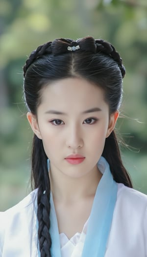 The image is a portrait of a young Asian woman with long black hair styled in a traditional Chinese hairstyle. She is wearing a white blouse with a blue scarf tied around her neck. Her hair is styled in two braids on top of her head, with the ends of her hair pulled back into a high ponytail. She has a serious expression on her face and is looking directly at the camera. The background is, but it appears to be an outdoor setting with trees and greenery. The overall mood of the image is serious and contemplative.