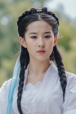 The image is a portrait of a young Asian woman with long black hair styled in a traditional Chinese hairstyle. She is wearing a white blouse with a blue scarf tied around her neck. Her hair is styled in two braids on top of her head, with the ends of her hair pulled back into a high ponytail. She has a serious expression on her face and is looking directly at the camera. The background is, but it appears to be an outdoor setting with trees and greenery. The overall mood of the image is serious and contemplative.