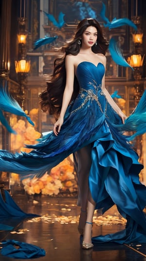 1boy,Sweet,solo,realistic,full body,
photorealistic,realistic,photography,masterpiece,best quality,ultra-detailed,extremely detailed, 8k wallpaper,1girl,long hair,looking at viewer,black hair,lips,dress,jewelry,earrings,bird,floating hair,blue dress,strapless dress,feathers blue dress, abstract