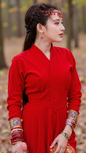 The image is a portrait of a young woman dressed in traditional Chinese clothing. She is wearing a red dress with a high neckline and long sleeves, and her hair is styled in a half-up, half-down look. The woman is also wearing a headpiece made of red beads and other decorative items. She has long dark hair that is pulled back in a bun, and she is wearing multiple bracelets and earrings. The background is, but it appears to be a wooded area with trees and fallen leaves. The overall mood of the image is peaceful and serene.