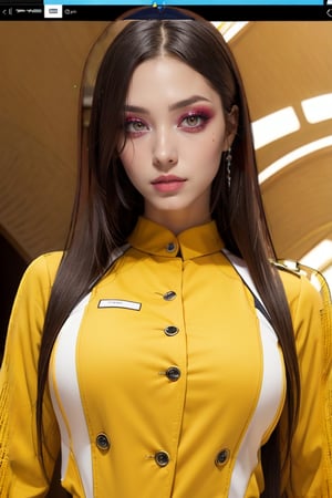 medium sized breasts, brown hair
yellow tight uniform with intricate details
very tall woman
hourglass body shape
intense makeup
intense makeup colors,
close up
Yumi_SayakaU