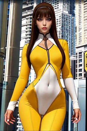 medium sized breasts, brown hair
yellow tight uniform with intricate details
very tall thin woman
hourglass body shape
intense makeup
intense makeup colors,
Yumi_SayakaU