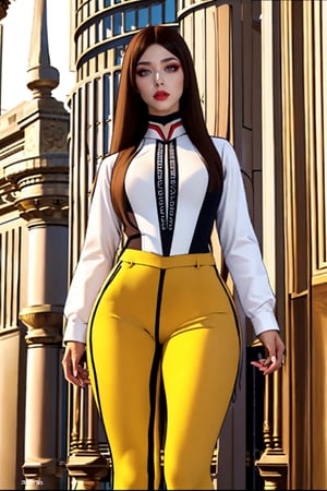 medium sized breasts, brown hair
yellow tight uniform with intricate details
very tall woman
hourglass body shape
intense makeup
intense makeup colors,
Yumi_SayakaU