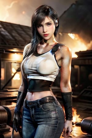  thin mature very tall Woman.
Long Oval face. Windy
Wide shoulders
Intense fire, dramatic light
Frank Frazetta styled background.
hourglass body shape,tifa lockhart
