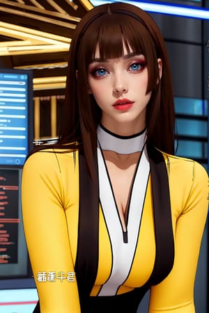 medium sized breasts, brown hair
yellow tight uniform with intricate details
very tall woman
hourglass body shape
intense makeup
intense makeup colors,
Yumi_SayakaU