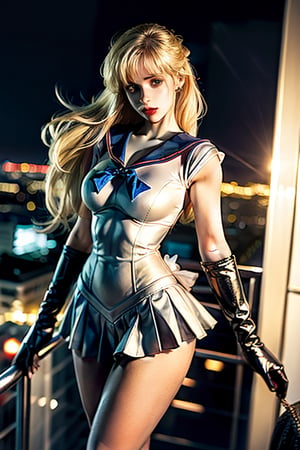  thin mature very tall Woman.
Long Oval face. Windy
Wide shoulders
Blonde air. Sailor venus outfit with intense orange short skirt with pleats.  Orange long gloves.
dramatic light
Tokyo at night in the background.
hourglass body shape,Futuristic room
aino minako
,sv1, sailor senshi uniform