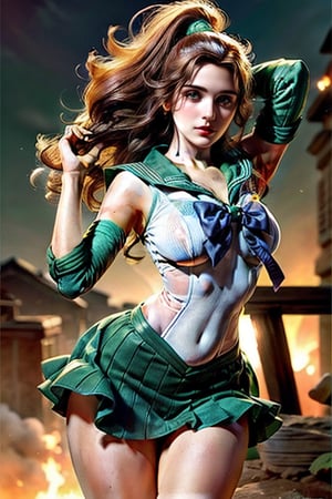  thin mature very tall Woman.
Long Oval face. Windy
Wide shoulders
Intense fire, dramatic light
Frank Frazetta styled background.
hourglass body shape
action pose
,smjupiter
sailor jupiter outfit with green colors