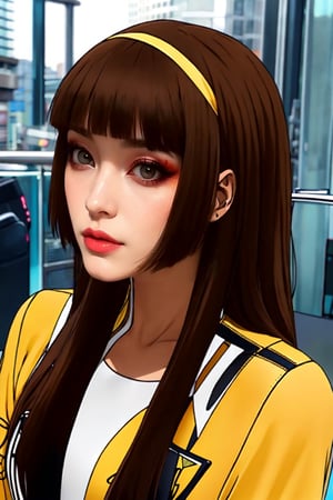 medium sized breasts, brown hair
yellow tight uniform with intricate details
very tall woman
hourglass body shape
intense makeup
fringes, long straight hair
two strands of hair falling on either side of her face 
close up
Yumi_SayakaU