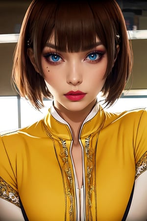 medium sized breasts, brown hair
yellow tight uniform with intricate details
very tall woman
hourglass body shape
intense makeup
intense makeup colors,
fringes
two strands of hair falling on either side of her face 
close up
Yumi_SayakaU