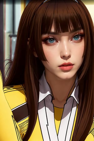 medium sized breasts, brown hair
yellow tight uniform with intricate details
very tall woman
hourglass body shape
intense makeup
fringes, long straight hair
two strands of hair falling on either side of her face 
close up
Yumi_SayakaU