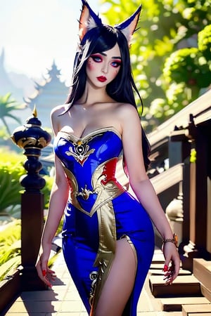 medium sized breasts
outfit with intricate details
very tall woman
hourglass body shape
intense makeup
Ahri| League of Legends| kebaya Bali dress| Nine tailed Fox