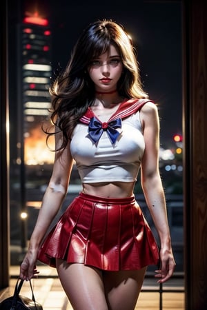  thin mature very tall Woman.
Long Oval face. Windy
Wide shoulders
Black hair. Sailor Mars. white outfit with red skirt with pleats. 
Intense fire, dramatic light
Tokyo at night in the background.
hourglass body shape,Futuristic room,sailor mars