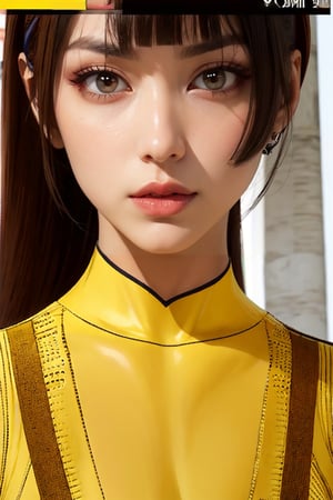 medium sized breasts, brown hair
yellow tight uniform with intricate details
very tall woman
hourglass body shape
intense makeup
intense makeup colors,
close up
Yumi_SayakaU