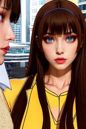 medium sized breasts, brown hair
yellow tight uniform with intricate details
very tall woman
hourglass body shape
intense makeup
intense makeup colors,
fringes, long straight hair
two strands of hair falling on either side of her face 
close up
Yumi_SayakaU