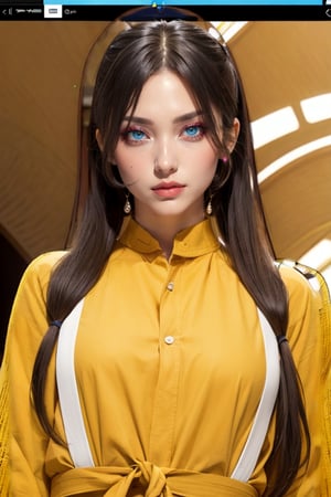 medium sized breasts, brown hair
yellow tight uniform with intricate details
very tall woman
hourglass body shape
intense makeup
intense makeup colors,
close up
Yumi_SayakaU