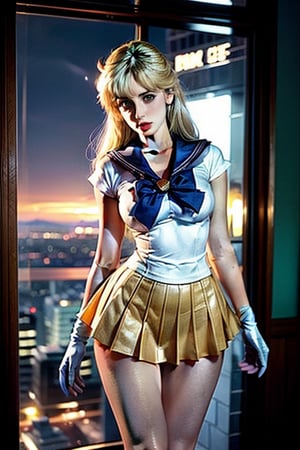  thin mature very tall Woman.
Long Oval face. Windy
Wide shoulders
Blonde air. Sailor venus outfit with intense orange short skirt with pleats.  Orange long gloves.
dramatic light
Tokyo at night in the background.
hourglass body shape,Futuristic room
aino minako
,sv1, sailor senshi uniform