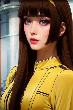 medium sized breasts, brown hair
yellow tight uniform with intricate details
very tall woman
hourglass body shape
intense makeup
fringes, long straight hair
two strands of hair falling on either side of her face 
close up
Yumi_SayakaU