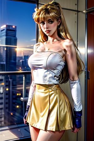  thin mature very tall Woman.
Long Oval face. Windy
Wide shoulders
Blonde air. Sailor venus outfit with intense orange short skirt with pleats.  Orange long gloves.
dramatic light
Tokyo at night in the background.
hourglass body shape,Futuristic room
aino minako
