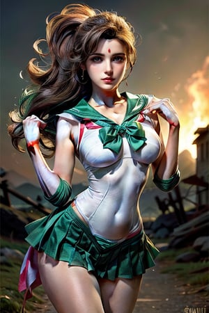  thin mature very tall Woman.
Long Oval face. Windy
Wide shoulders
Intense fire, dramatic light
Frank Frazetta styled background.
hourglass body shape
action pose
,smjupiter
sailor jupiter outfit with green colors