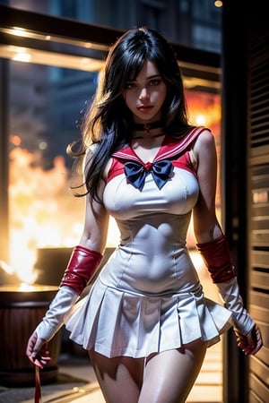  thin mature very tall Woman.
Long Oval face. Windy
Wide shoulders
Black hair. Sailor Mars. white sailor outfit with red skirt with pleats.  Red long gloves.
Intense fire, dramatic light
Tokyo at night in the background.
hourglass body shape,Futuristic room,sailor mars