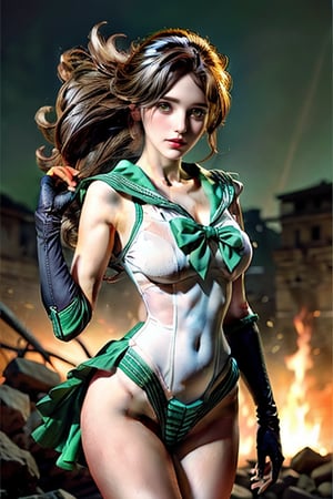  thin mature very tall Woman.
Long Oval face. Windy
Wide shoulders
Intense fire, dramatic light
Frank Frazetta styled background.
hourglass body shape
action pose
,smjupiter
sailor jupiter outfit with green colors