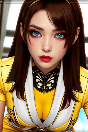 medium sized breasts, brown hair
yellow tight uniform with intricate details
very tall woman
hourglass body shape
intense makeup
intense makeup colors,
close up
Yumi_SayakaU