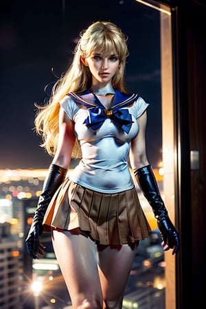  thin mature very tall Woman.
Long Oval face. Windy
Wide shoulders
Blonde air. Sailor venus outfit with intense orange short skirt with pleats.  Orange long gloves.
dramatic light
Tokyo at night in the background.
hourglass body shape,Futuristic room
aino minako
,sv1, sailor senshi uniform, orange skirt