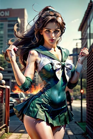  thin mature very tall Woman.
Long Oval face. Windy
Wide shoulders
Intense fire, dramatic light
Frank Frazetta styled background.
hourglass body shape
action pose
,smjupiter
sailor jupiter outfit with green colors