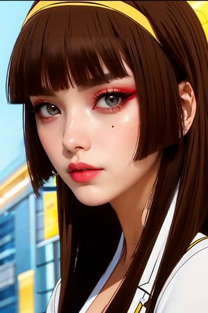 medium sized breasts, brown hair
yellow tight uniform with intricate details
very tall woman
hourglass body shape
intense makeup
intense makeup colors,
fringes, long straight hair
two strands of hair falling on either side of her face 
close up
Yumi_SayakaU