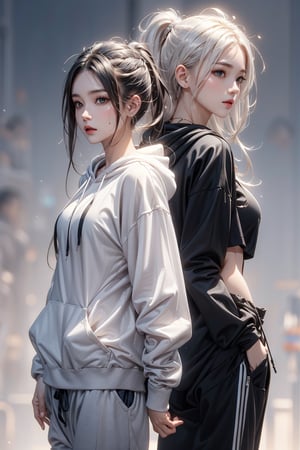 Two 18 year old Korean pop idol style girl standing back to back. One woman is wearing white_cropped_hoodie, white_sweatpants, Mmedium_breasts and Silver_long_hair.
The other woman is wearing black_cropped_hoodie, black_sweatpants, and Black_ponytail, Mmedium_breasts,
Masterpiece, Top Quality, Beauty and Aesthetics, Extremely Detailed, Abstract, Fractal Art, Perfect_fingers, 