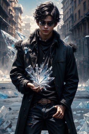 An 18-year-old Korean boy has ice magic in his one hands.
Ice magic, Breaking ice shards, Shattered ice background, Cowboy_shot, Looking_at_hand, Sleepy_face, Absurdly_short_black_hair, Black_long_coat, Black_jeans, Pretentious_face, Magical*_effect, Gorgeous magic, Light_Sunglasses,
8K, (Hyper real:1.4), Realistic, Masterpiece, Top Quality, Beauty and Aesthetics, Extremely Detailed, Abstract, Fractal Art, Perfect_fingers, pretentious_face,
