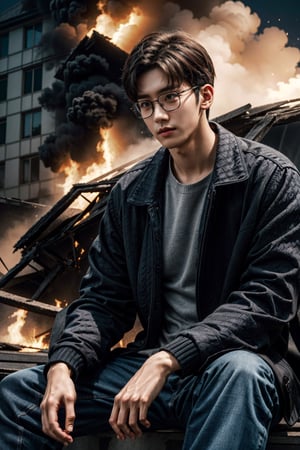 25-year-old Korean man.
Realistic background of burning buildings at a rainy night.
The man's face is expressed as a face without a beard.
A black will-o'-the-wisp on the man's palm.
The man has short brown hair and is wearing black_thick-rimmed_glasses, Green_quilted_jacket, White_knit, Blue_Jeans.
8K, Male_focus, Destiny Series, Natural background, Masterpice, Hyper_detail, Hight_quality, Finely_detailed, Intricate_details, Perfect_face, Perfect_arms, Perfect_hands, Perfect_fingers, Dynamic_pose, Dyanmic_angle, BJ_Sacred_beast, College student, 