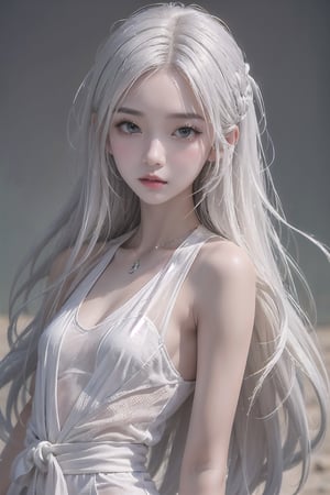 (Masterpiece, Top Quality, Best Quality, Official Art, Beauty and Aesthetics), (Extremely Detailed, Abstract, Fractal Art, Silver Hair, Very Long Hair, Destiny Series, Colorful, Most Detailed, landscape), (18 year old korean girl, korean pop idol style, Expression_face), (White_trench_coat, white_tank_top, white_tight_pants, white_wedge_heels), ,little_cute_girl, hold_white_katana_in_one_hand, cave background, girl, Small_face, Large_breasts, ,girl