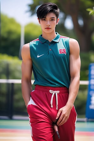 (165cm tall:1.3),1girl, solo, (tomboy:1.2), walking, black hair, (very short hair, long sidelocks:1.1), (Super flat breasts), (Creamy skin glow),strong manly arms,looking at viewer, closed mouth,basketball uniform, (17 yo clean detailed cool girl face),no makeup, shorts, shirt, sleeveless,outdoors,perfect hands,gym, court,huge penis in pants,Tomboy,1boy, Chinese-Japanese, ,Extremely Realistic,almond eyes,Male focus