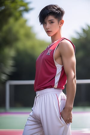 168cm tall,1girl, solo, (tomboy:1.2), walking, black hair, (very short hair, long sidelocks:1.2), (Super flat breasts), (Creamy skin glow),strong manly arms,looking at viewer, closed mouth,basketball uniform, (17 yo clean detailed cool girl face),no makeup, shorts, shirt, sleeveless,outdoors,perfect hands,gym, court,huge penis in pants,Tomboy,1boy