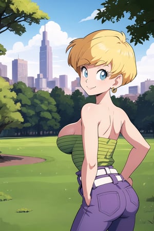 masterpiece, best quality,  erasa, blonde hair, earrings, green shirt, striped, strapless, cleavage, white belt, purple pants, large breasts, cowboy shot, smile, arms behind back, park, city, trees, grass, looking at viewer,erasa